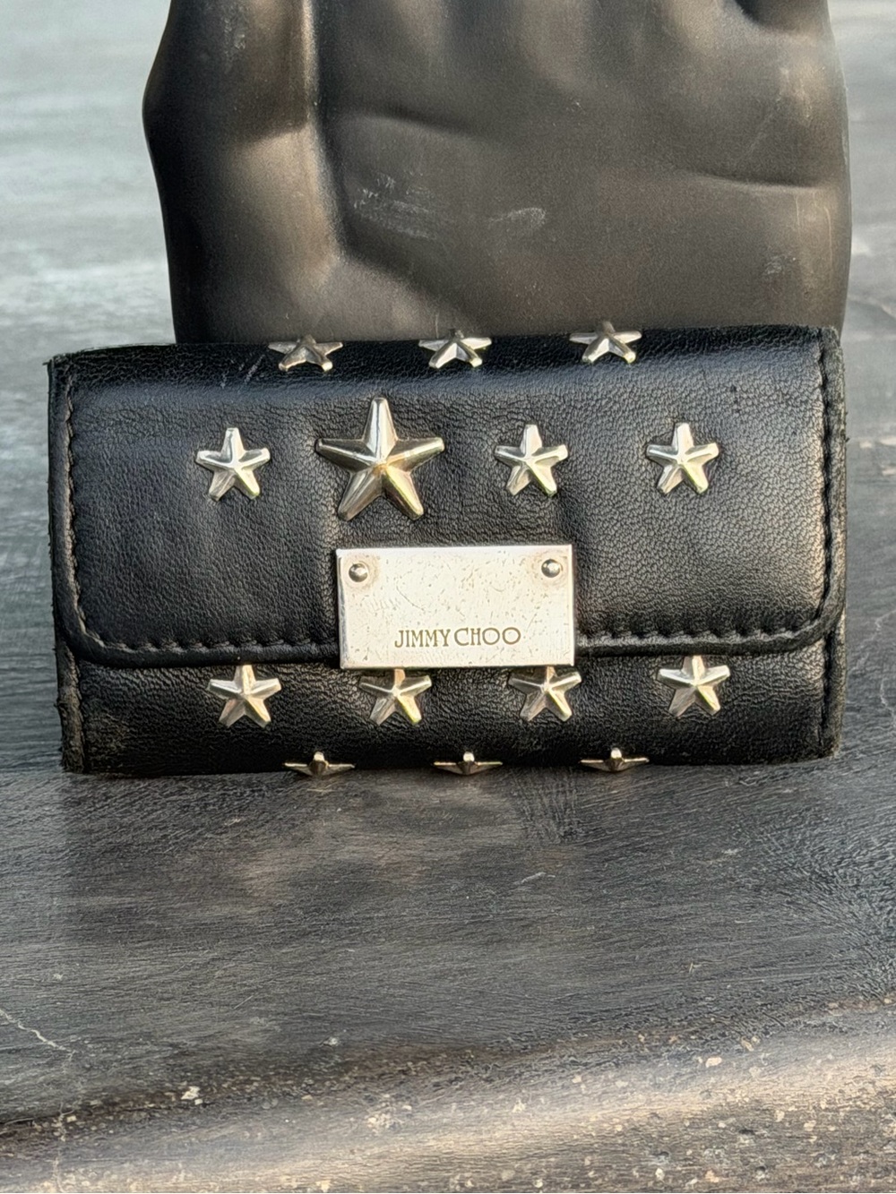Jimmy Choo Black Leather Star-Studded Key & Card Holder